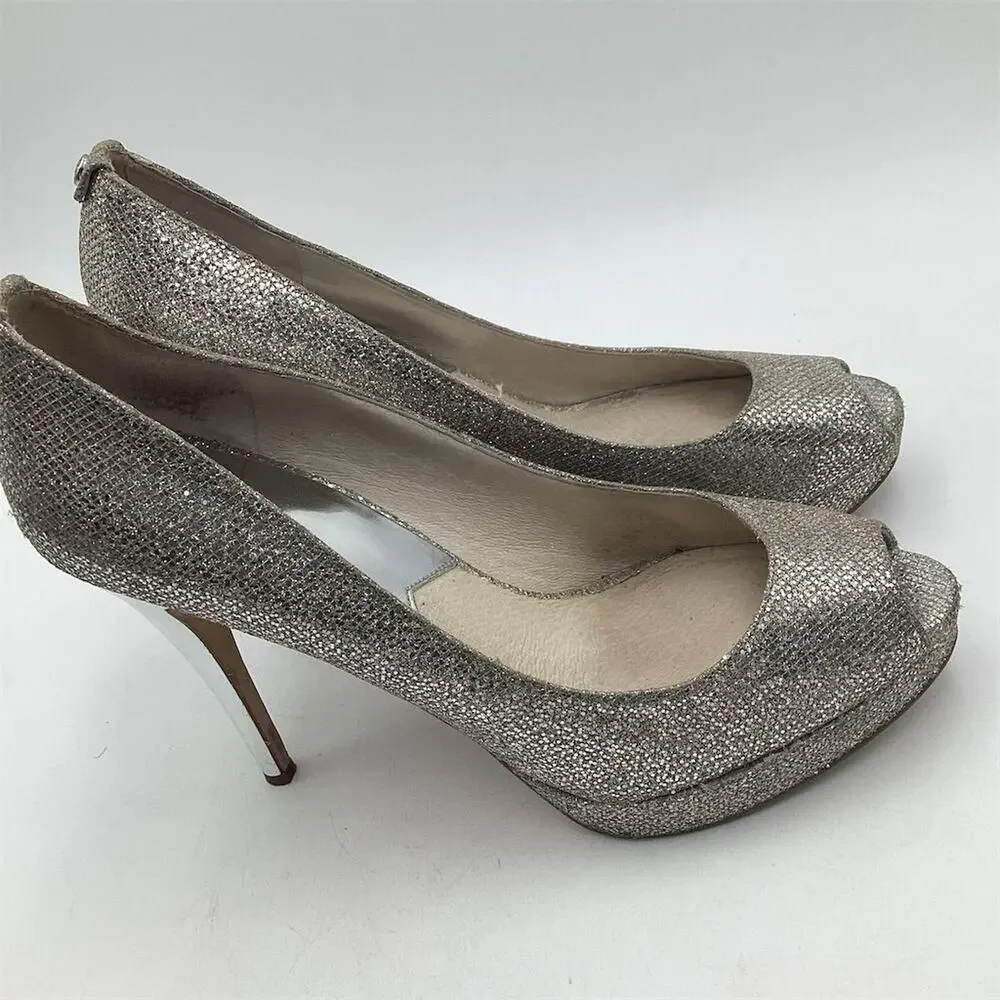 Michael Kors Silver Glitter Peep Toe Platform Heels Size 10‎ Women's